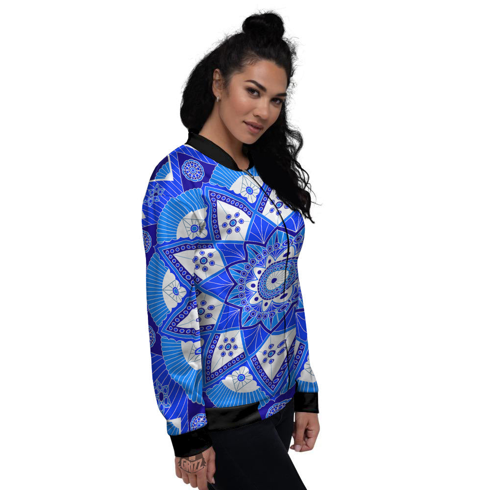 Bohemian Mandala White And Blue Print Women's Bomber Jacket-grizzshop