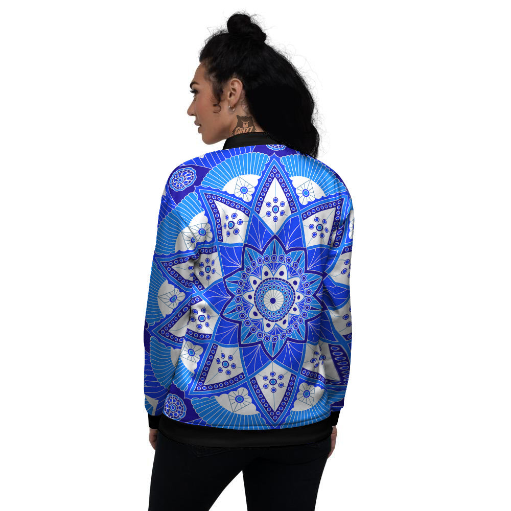 Bohemian Mandala White And Blue Print Women's Bomber Jacket-grizzshop