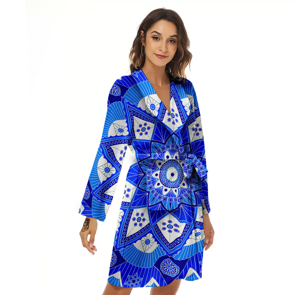 Bohemian Mandala White And Blue Print Women's Robe-grizzshop