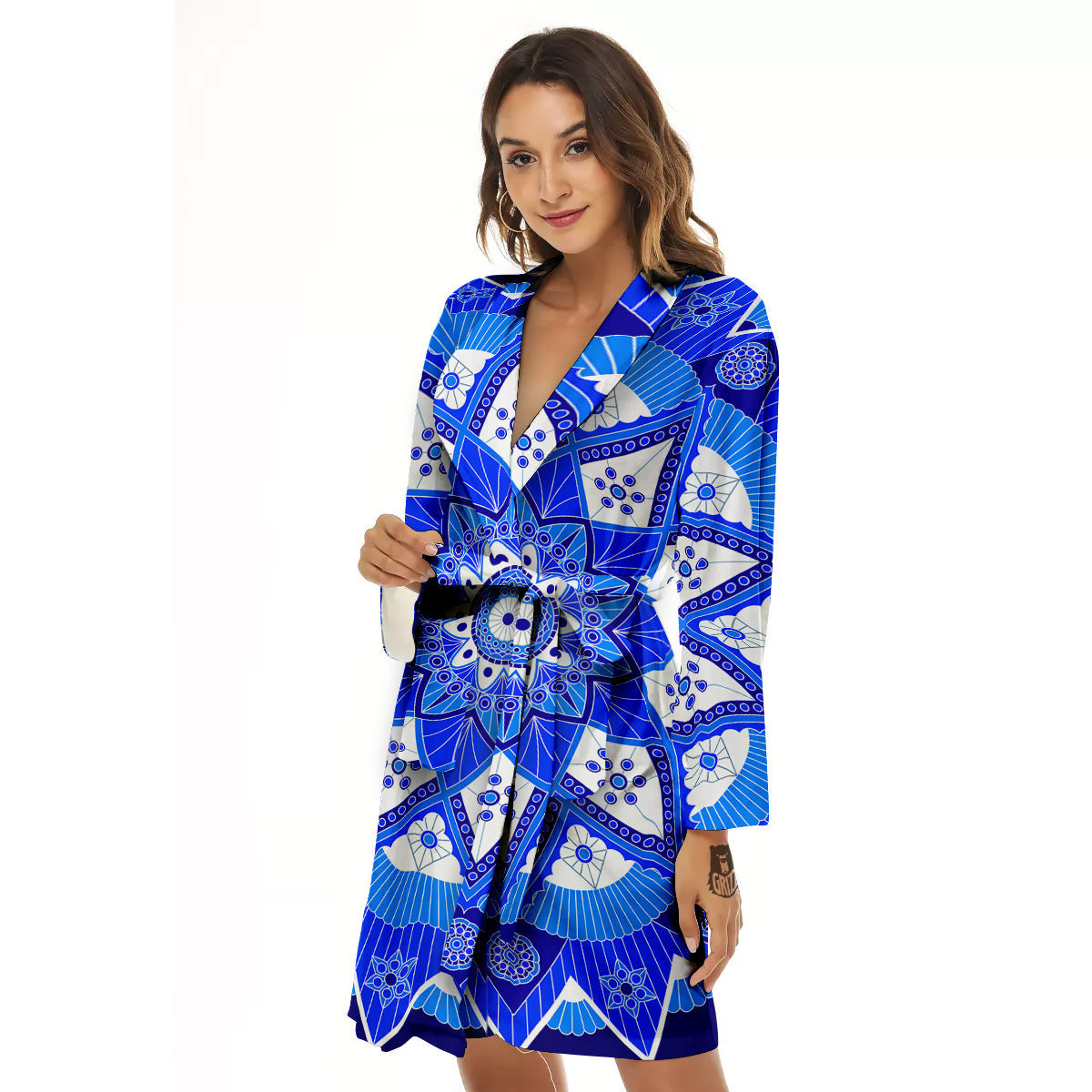 Bohemian Mandala White And Blue Print Women's Robe-grizzshop