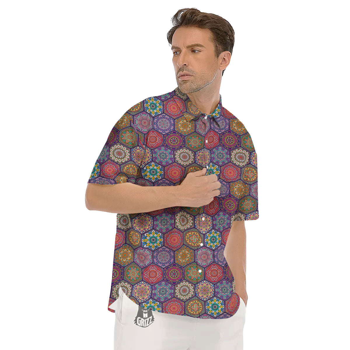 Bohemian Oriental Mandala Print Pattern Men's Short Sleeve Shirts-grizzshop