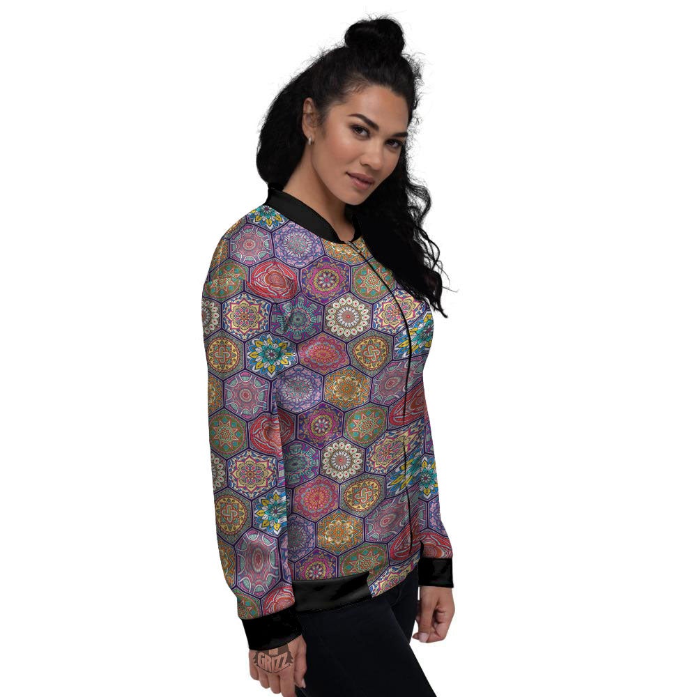 Bohemian Oriental Mandala Print Pattern Women's Bomber Jacket-grizzshop