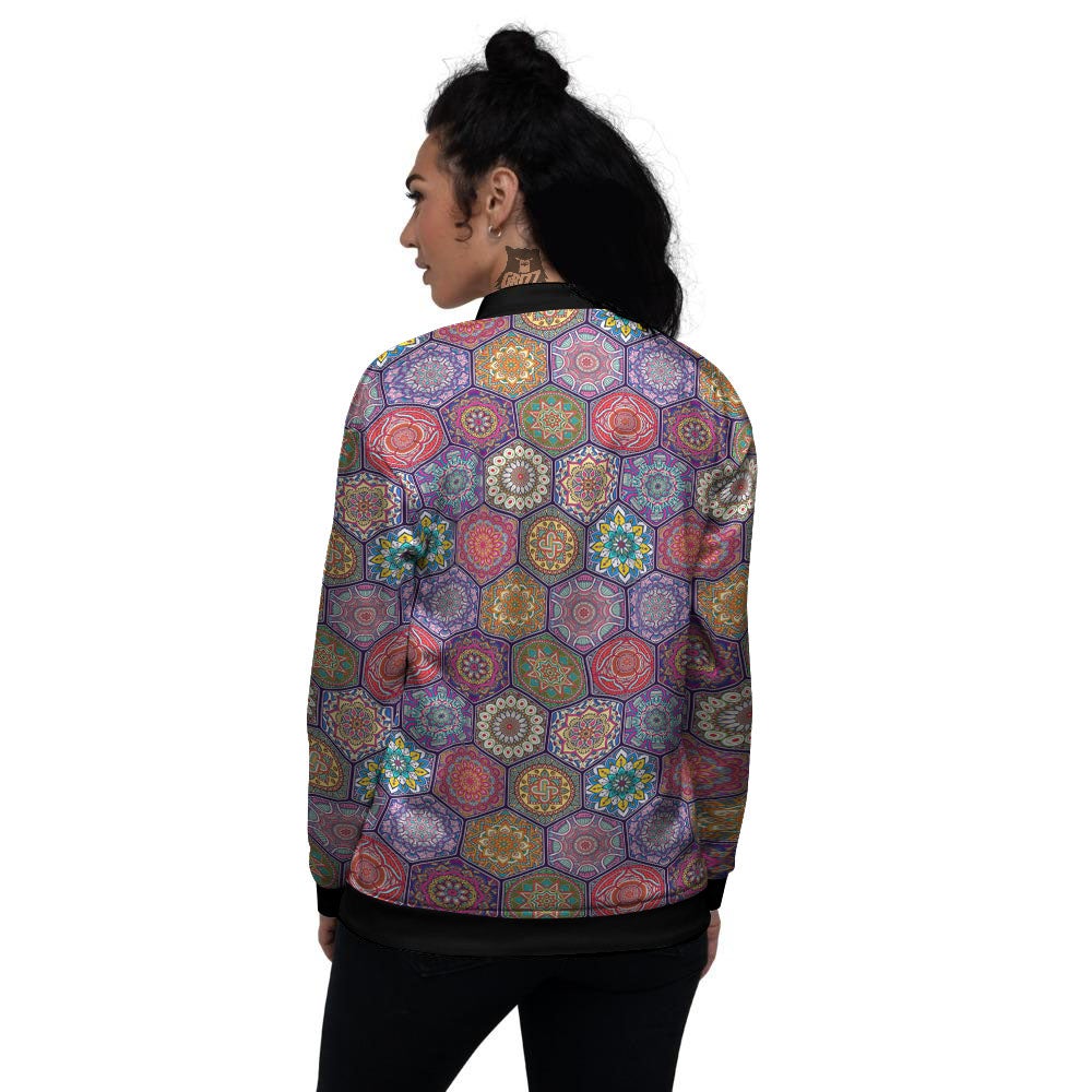 Bohemian Oriental Mandala Print Pattern Women's Bomber Jacket-grizzshop