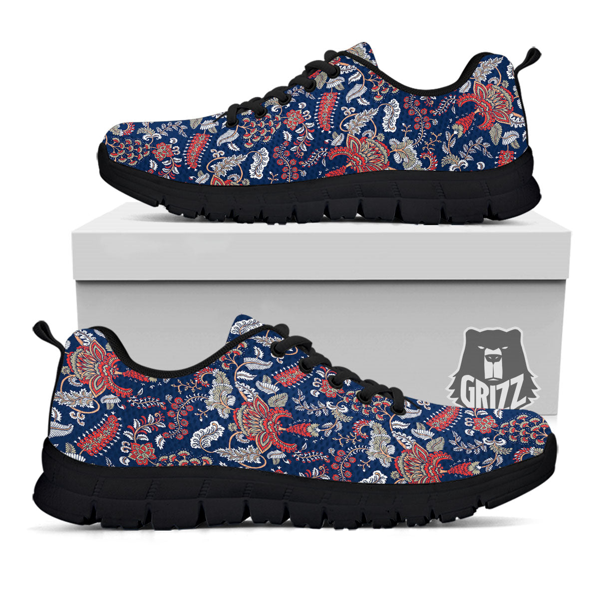 Bohemian Paisley Floral Print Pattern Black Sneaker-grizzshop