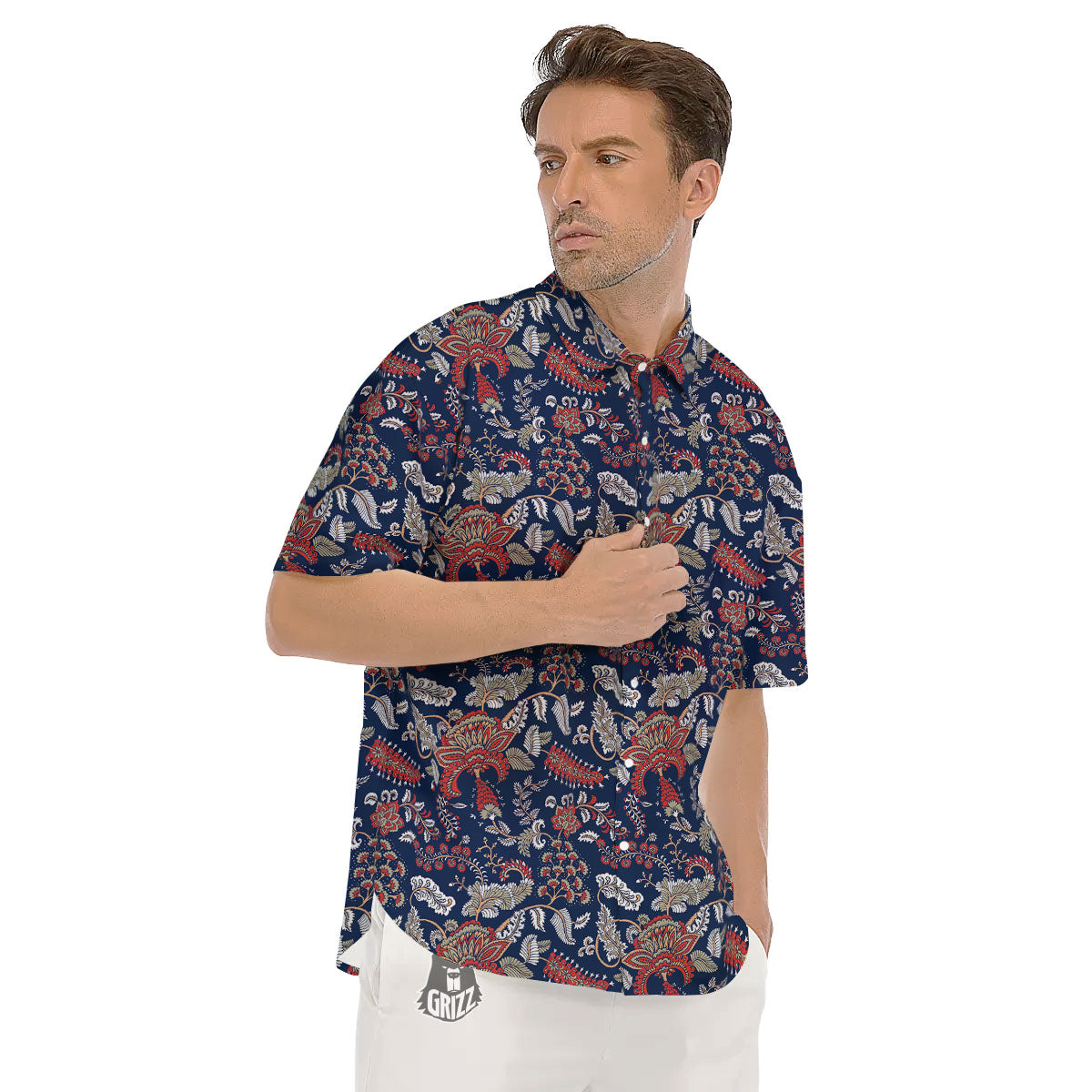 Bohemian Paisley Floral Print Pattern Men's Short Sleeve Shirts-grizzshop