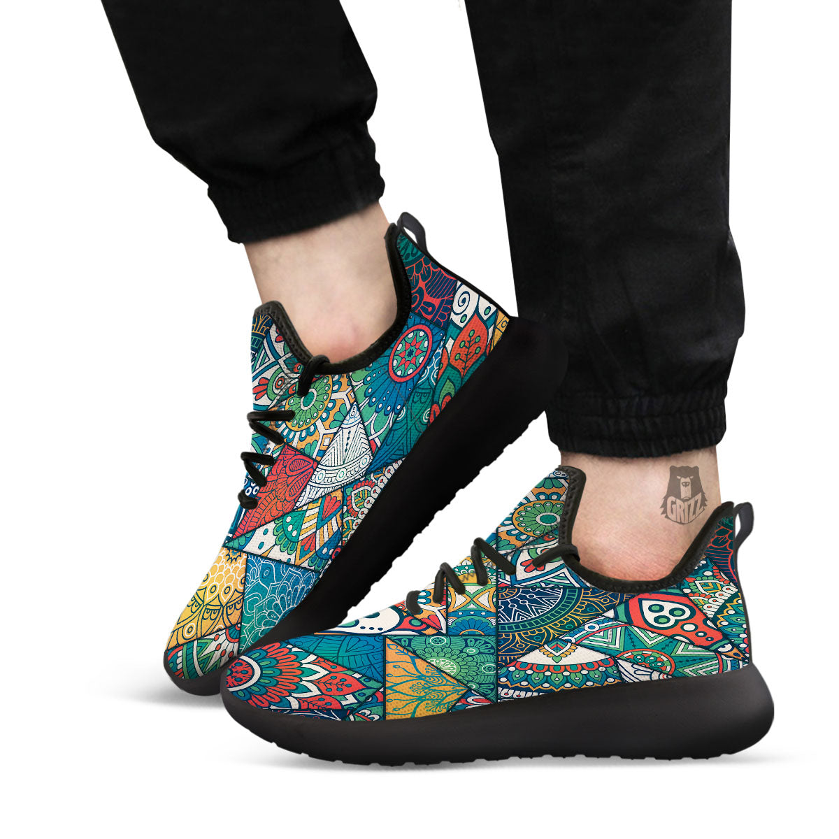 Bohemian Patchwork Mandala Print Pattern Black Athletic Shoes-grizzshop