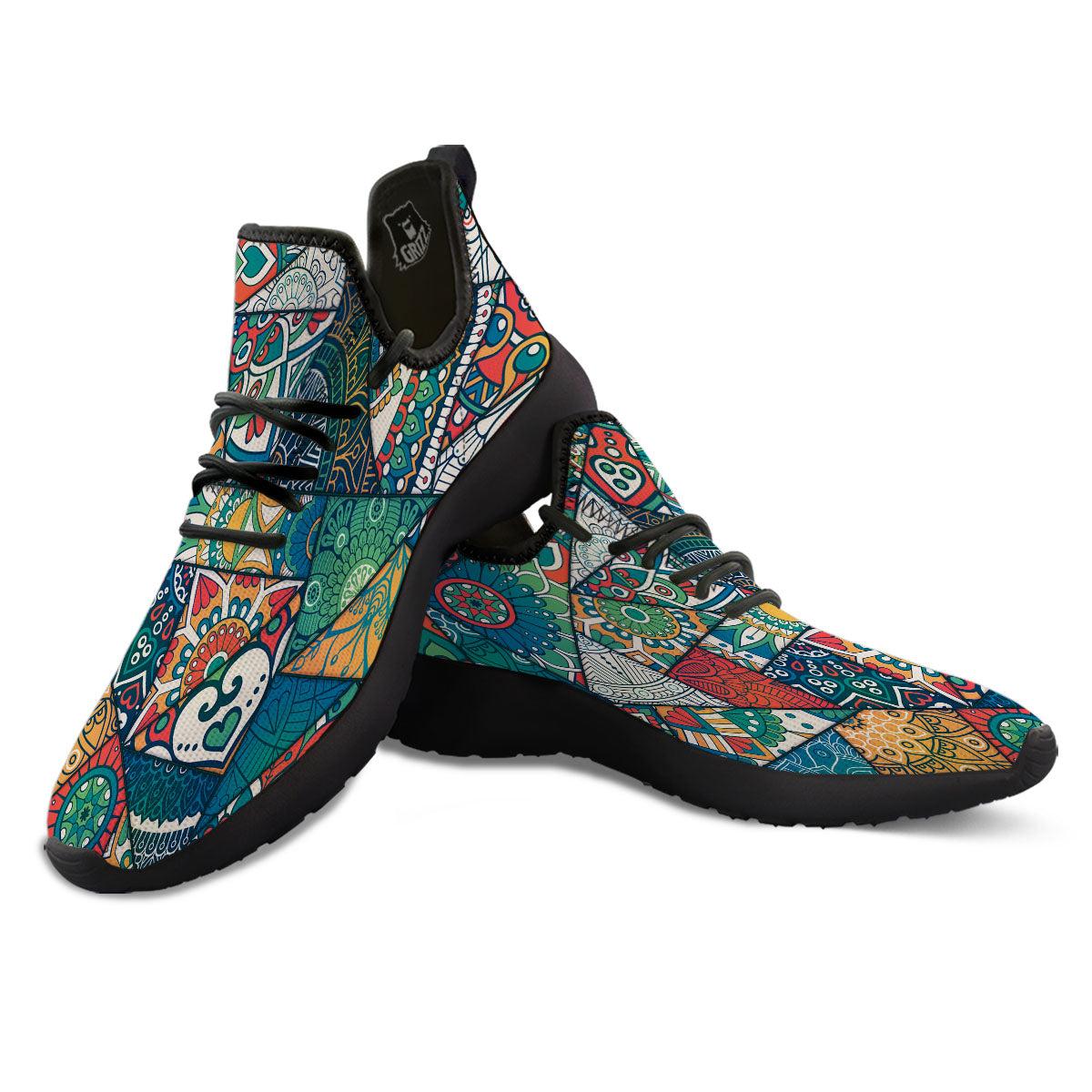 Bohemian Patchwork Mandala Print Pattern Black Athletic Shoes-grizzshop