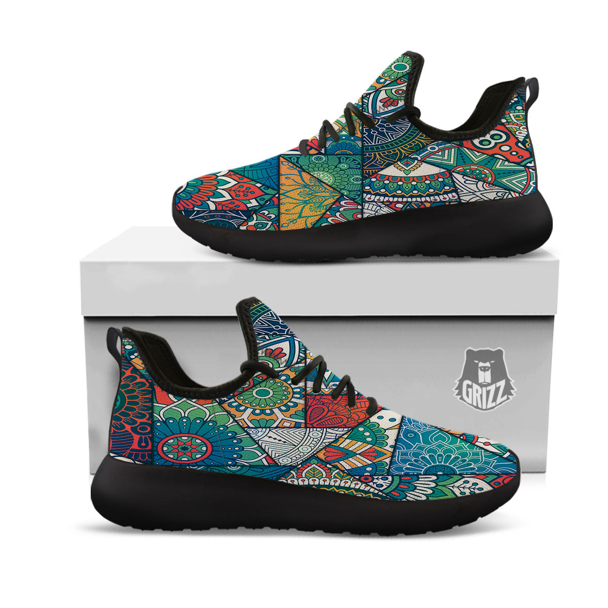 Bohemian Patchwork Mandala Print Pattern Black Athletic Shoes-grizzshop