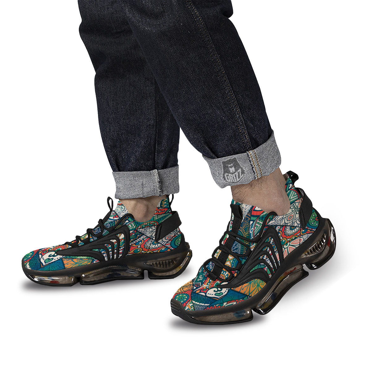 Bohemian Patchwork Mandala Print Pattern Black Gym Shoes-grizzshop