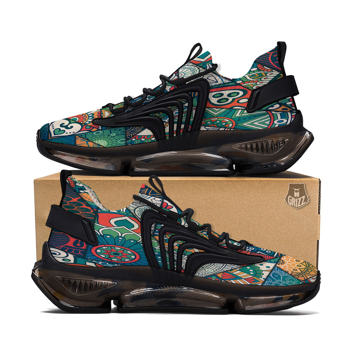 Bohemian Patchwork Mandala Print Pattern Black Gym Shoes-grizzshop