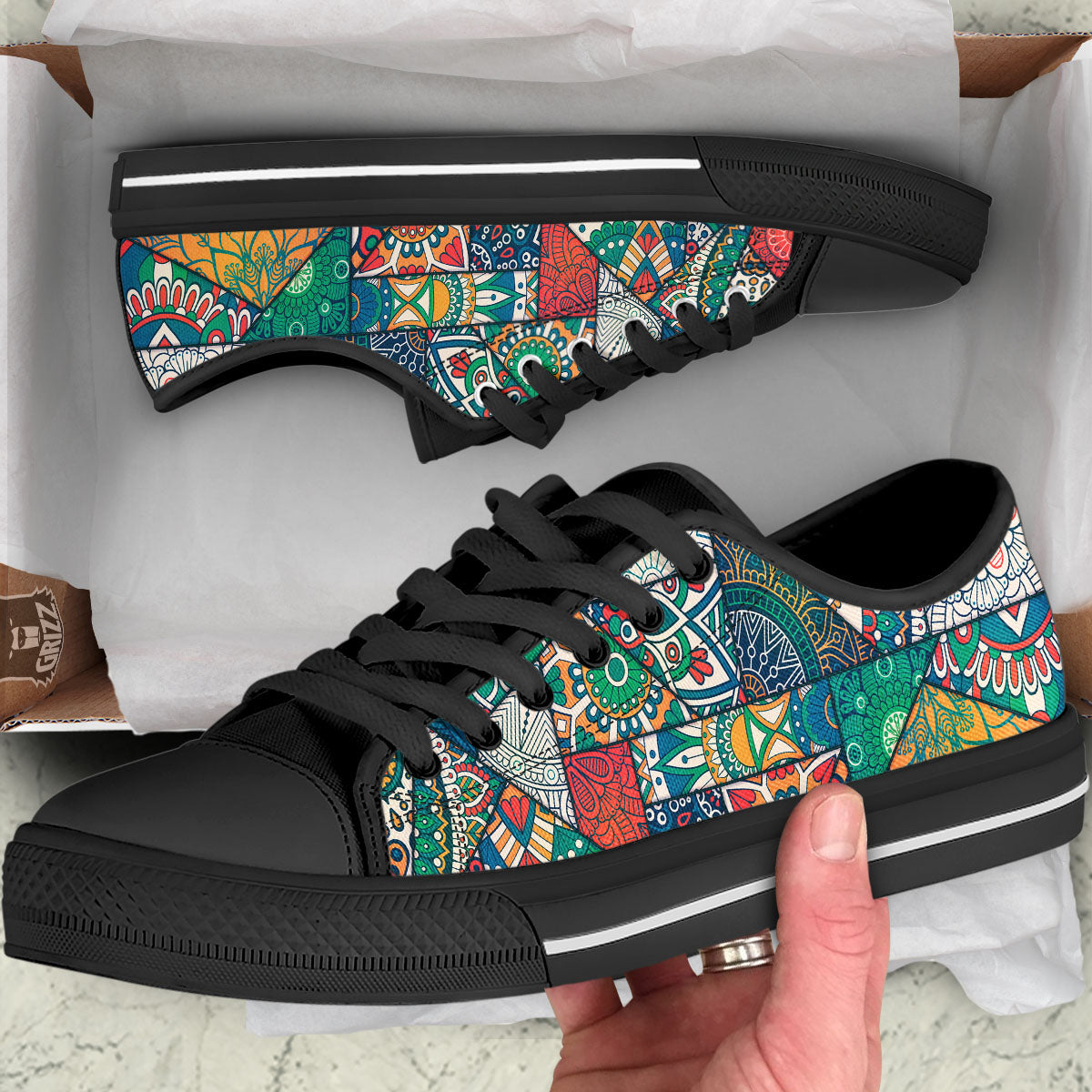 Bohemian Patchwork Mandala Print Pattern Black Low Top Shoes-grizzshop