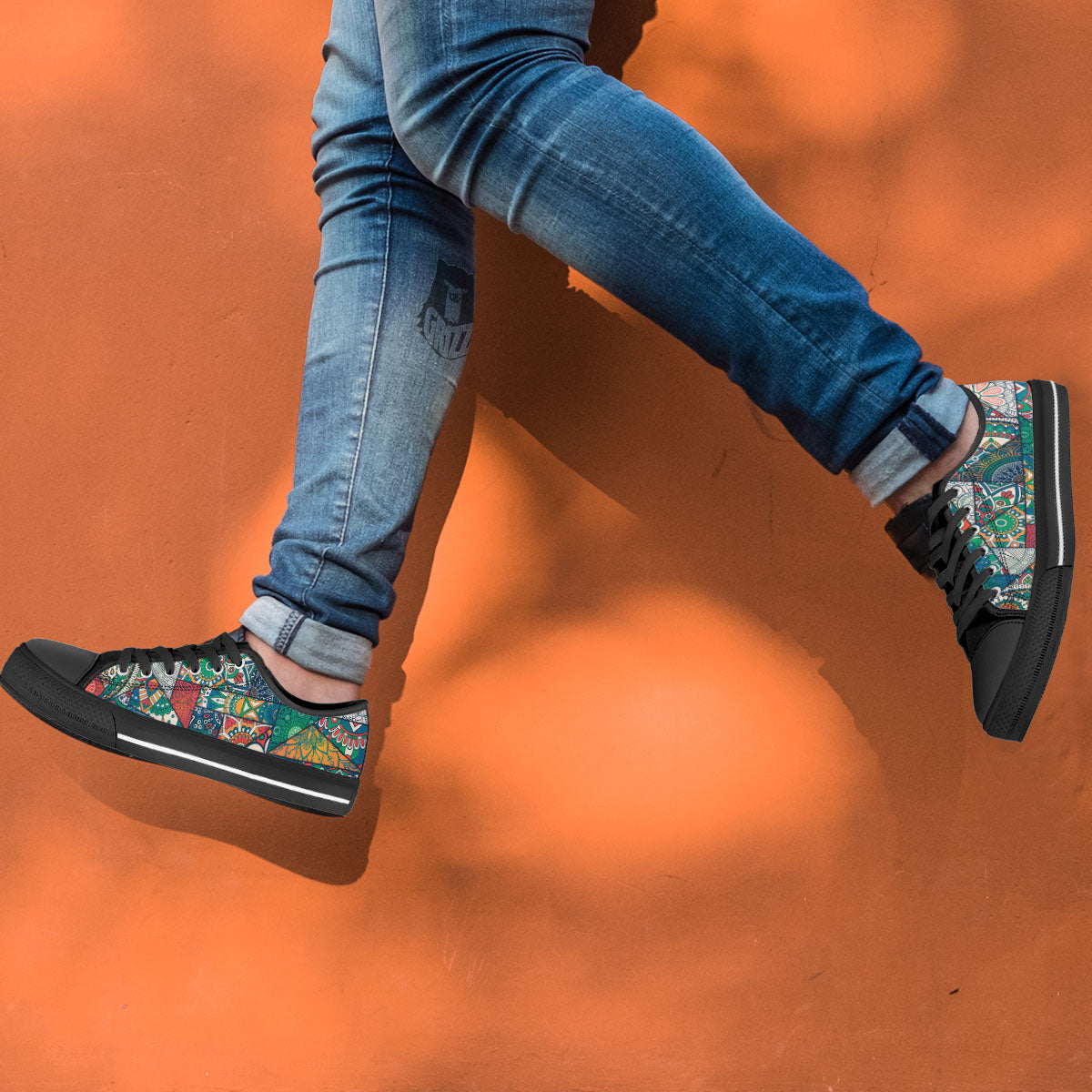 Bohemian Patchwork Mandala Print Pattern Black Low Top Shoes-grizzshop