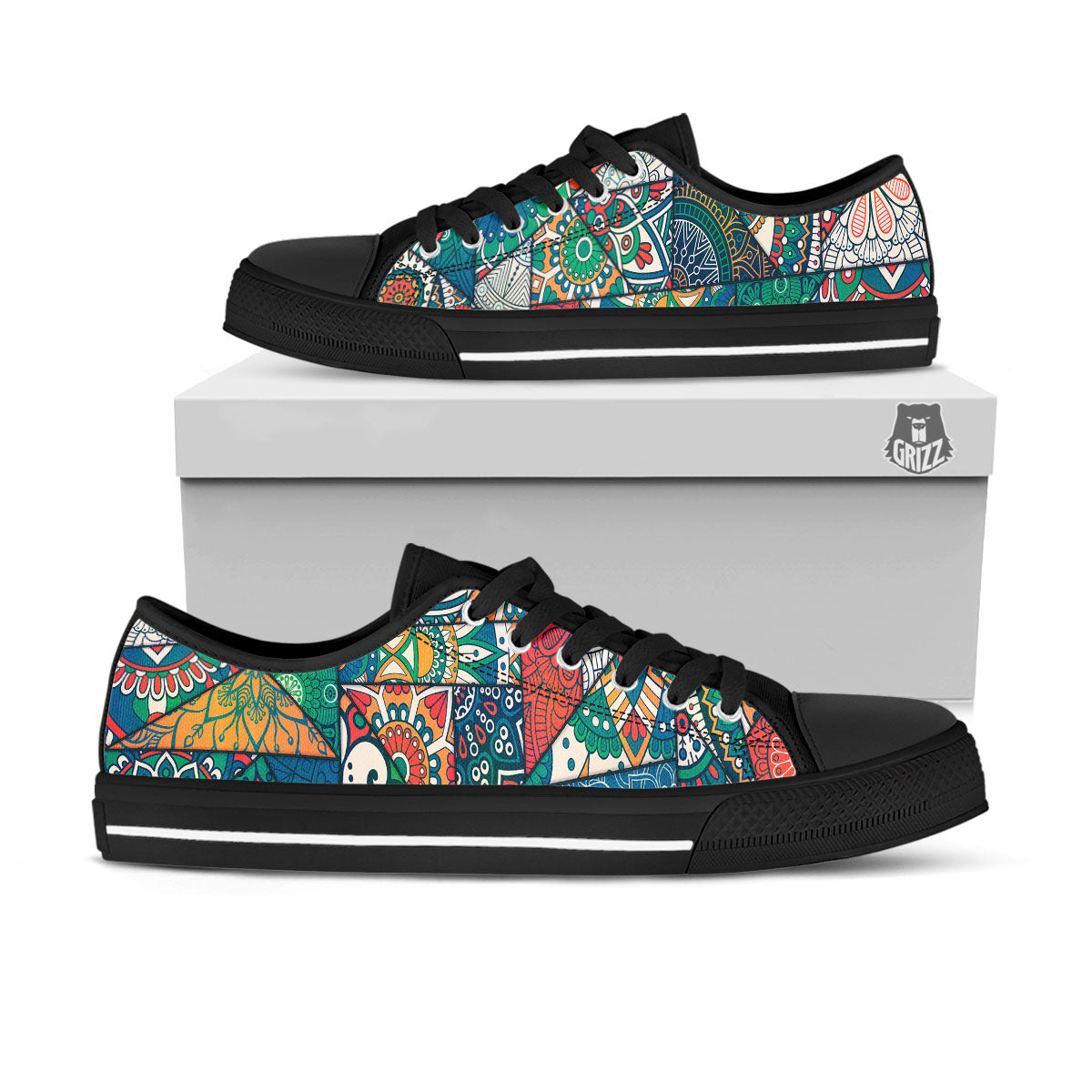 Bohemian Patchwork Mandala Print Pattern Black Low Top Shoes-grizzshop