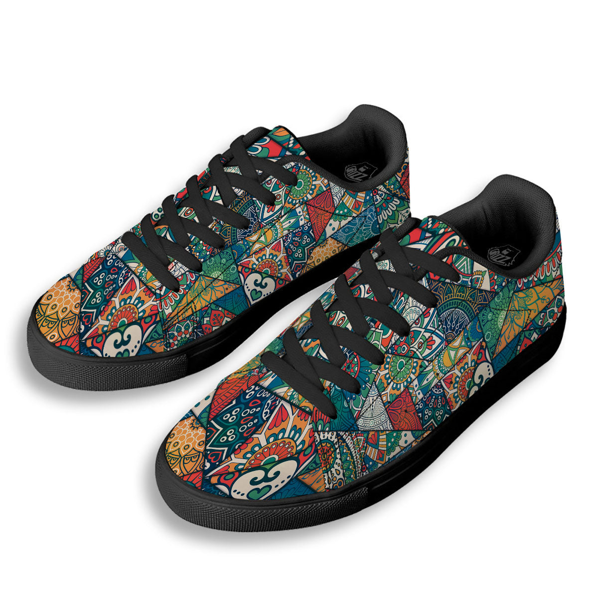 Bohemian Patchwork Mandala Print Pattern Black Low Top Sneakers-grizzshop