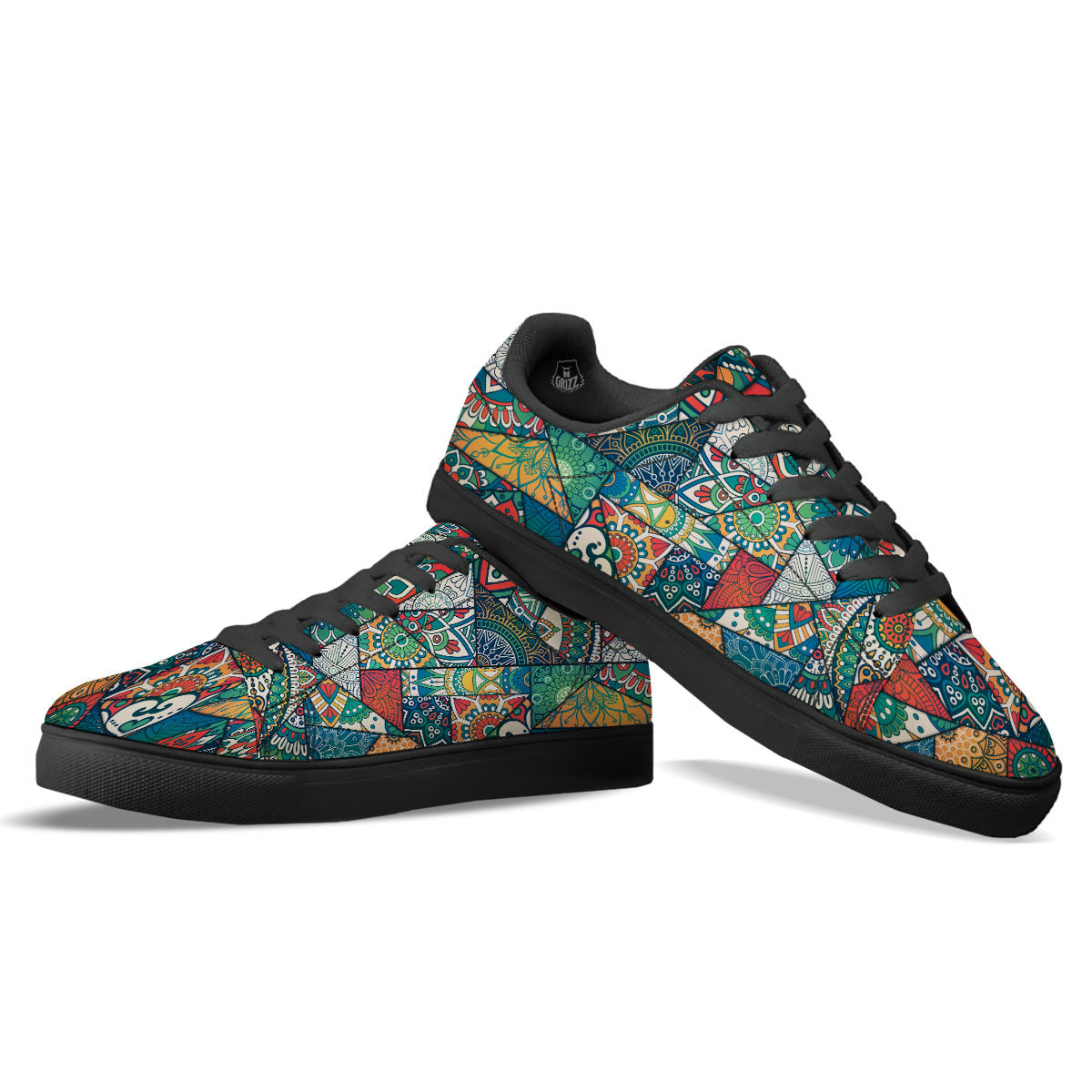 Bohemian Patchwork Mandala Print Pattern Black Low Top Sneakers-grizzshop