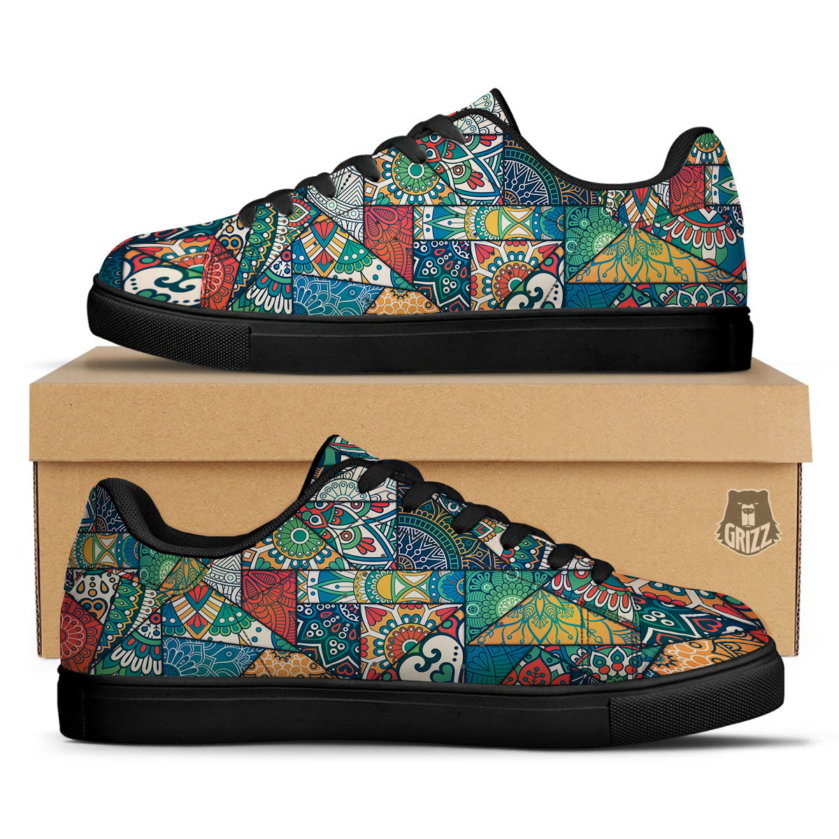 Bohemian Patchwork Mandala Print Pattern Black Low Top Sneakers-grizzshop