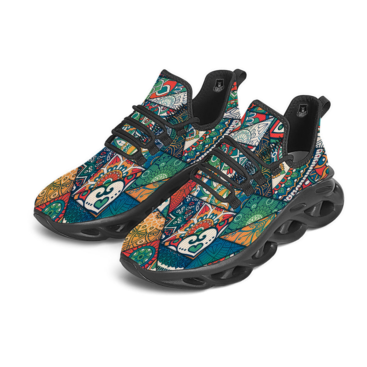 Bohemian Patchwork Mandala Print Pattern Black Running Shoes-grizzshop