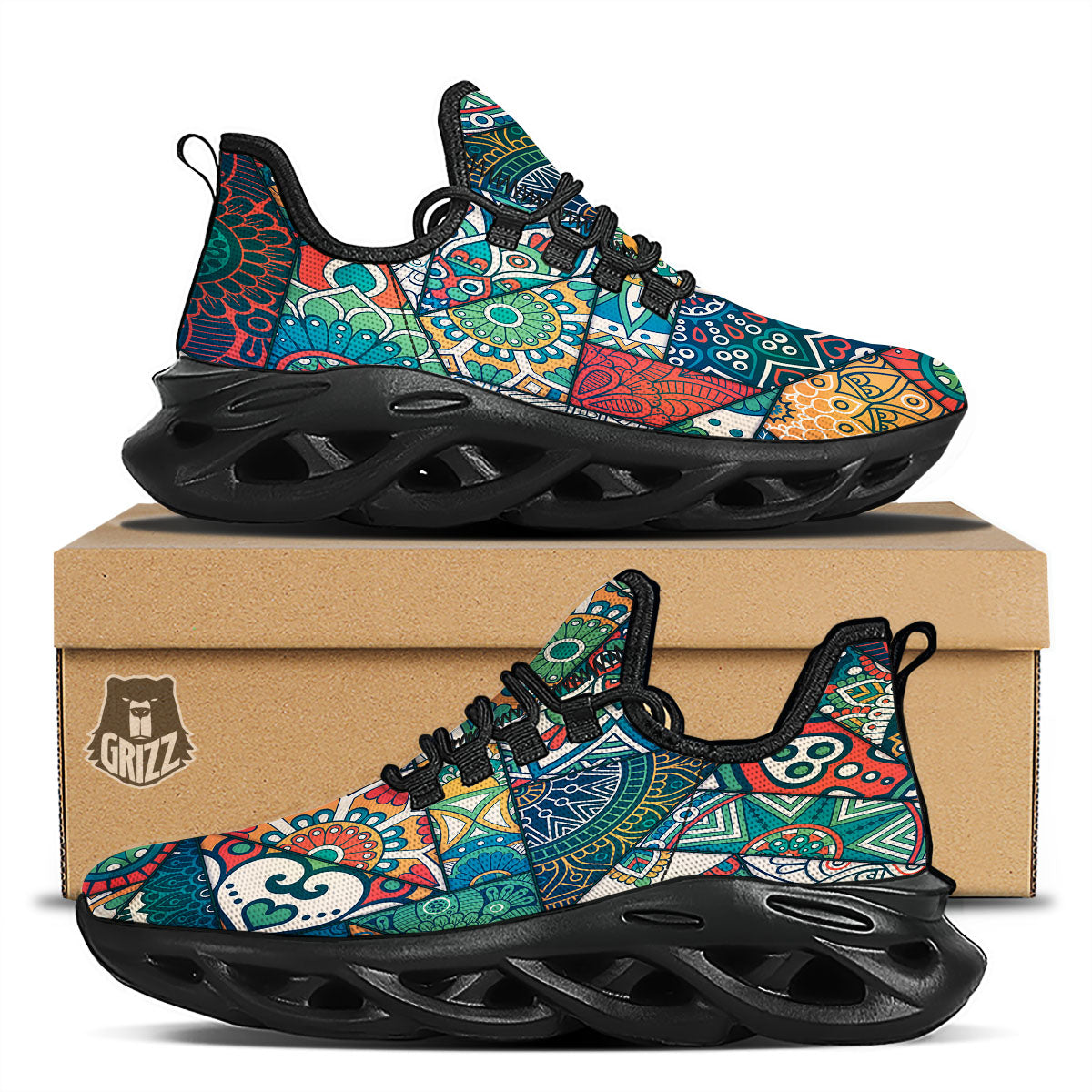 Bohemian Patchwork Mandala Print Pattern Black Running Shoes-grizzshop