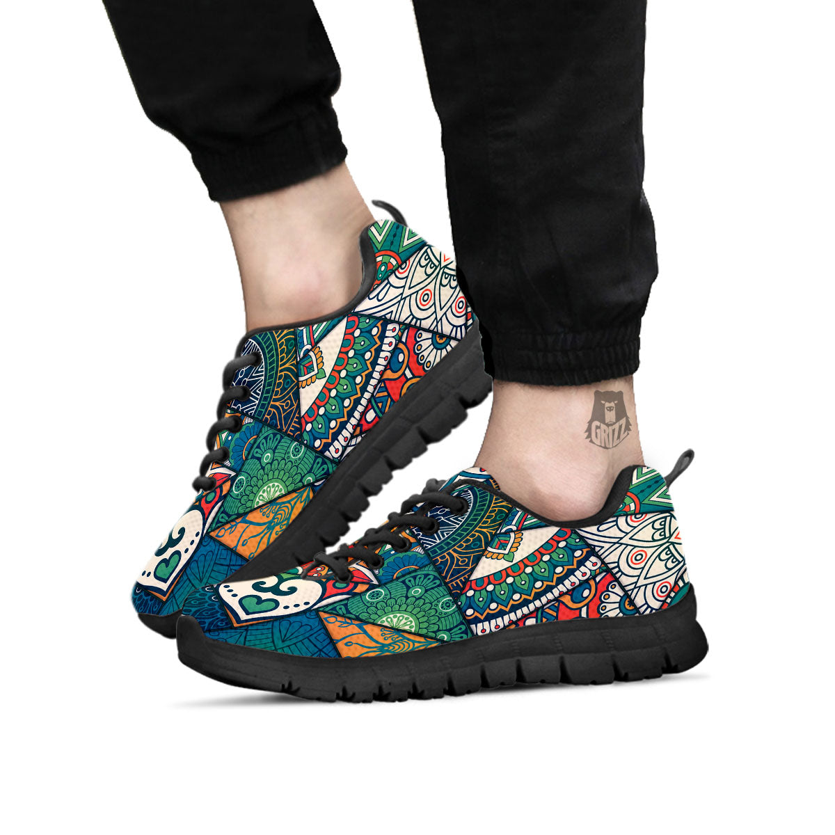 Bohemian Patchwork Mandala Print Pattern Black Sneaker-grizzshop