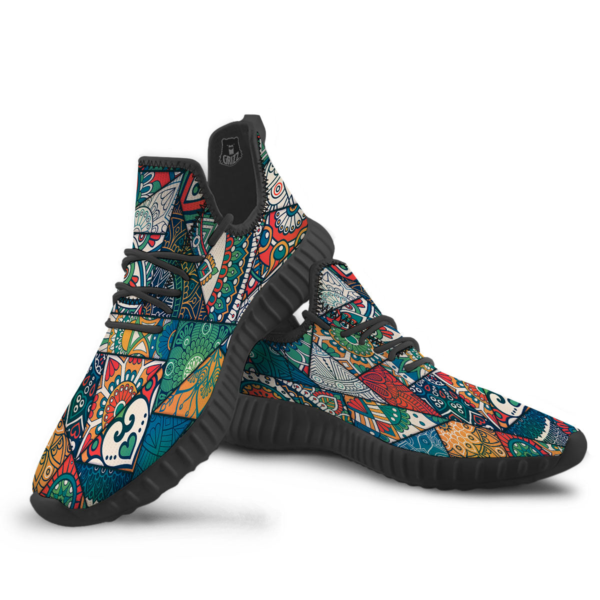 Bohemian Patchwork Mandala Print Pattern Black Walking Shoes-grizzshop