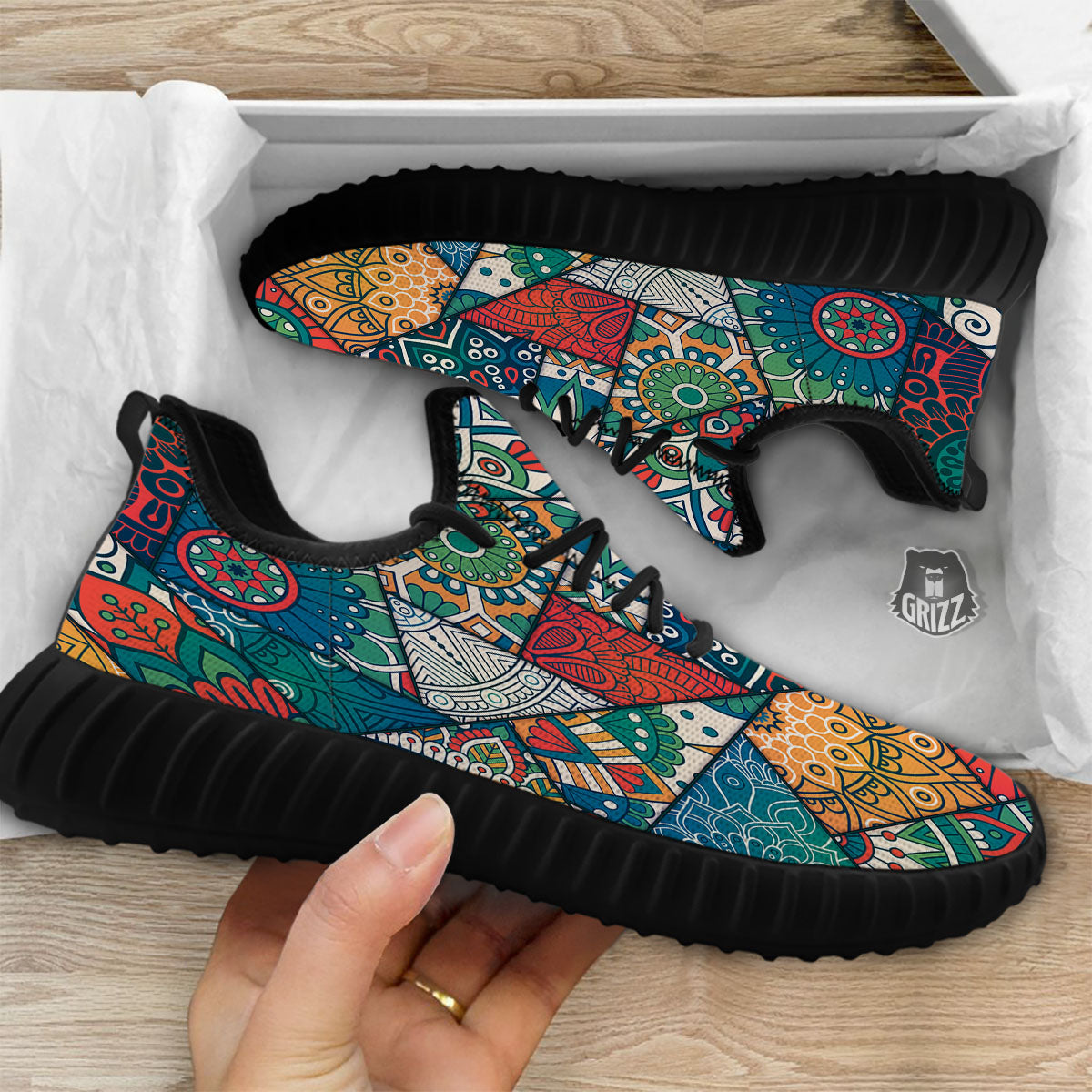 Bohemian Patchwork Mandala Print Pattern Black Walking Shoes-grizzshop