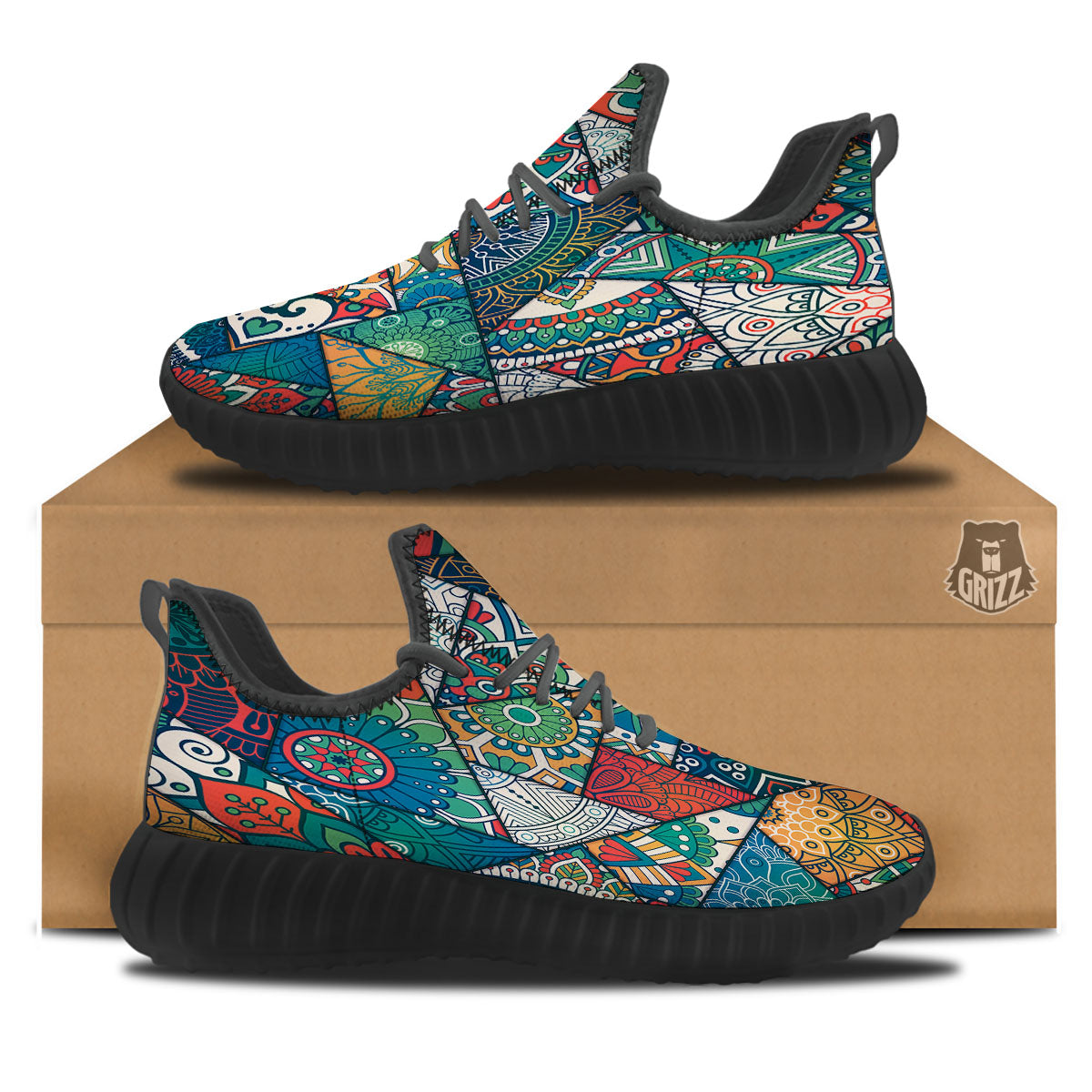 Bohemian Patchwork Mandala Print Pattern Black Walking Shoes-grizzshop