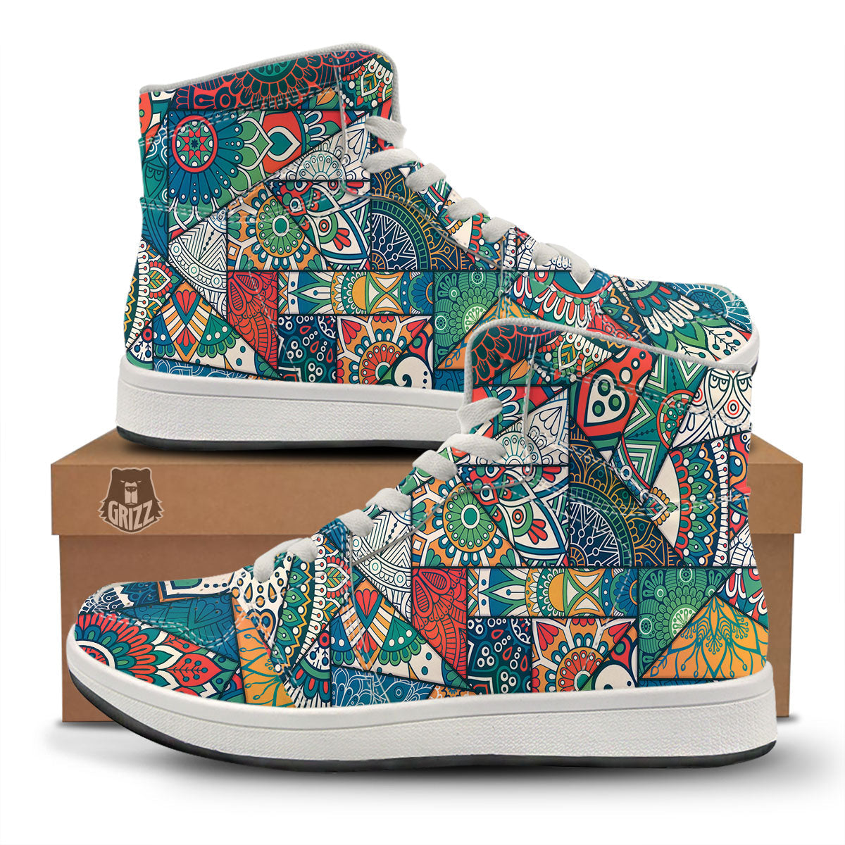 Bohemian Patchwork Mandala Print Pattern High Top Sneakers-grizzshop