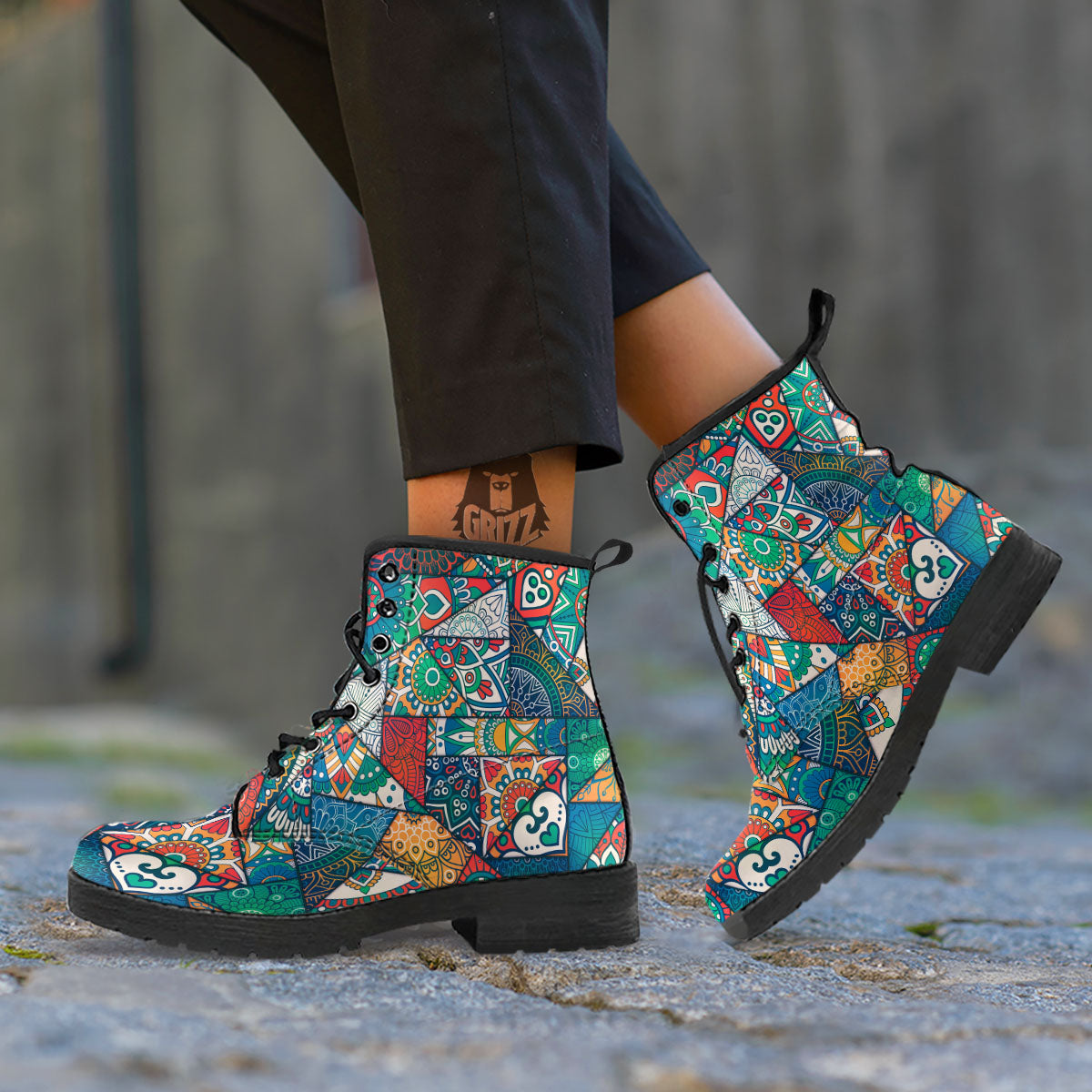 Bohemian Patchwork Mandala Print Pattern Leather Boots-grizzshop
