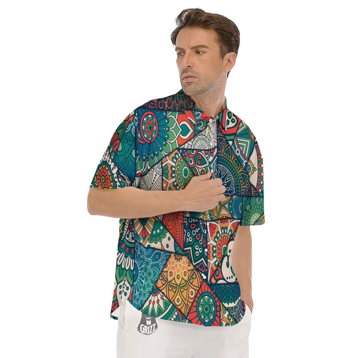 Bohemian Patchwork Mandala Print Pattern Men's Short Sleeve Shirts-grizzshop