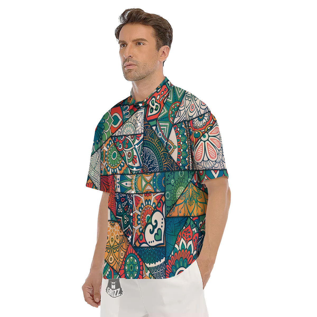 Bohemian Patchwork Mandala Print Pattern Men's Short Sleeve Shirts-grizzshop