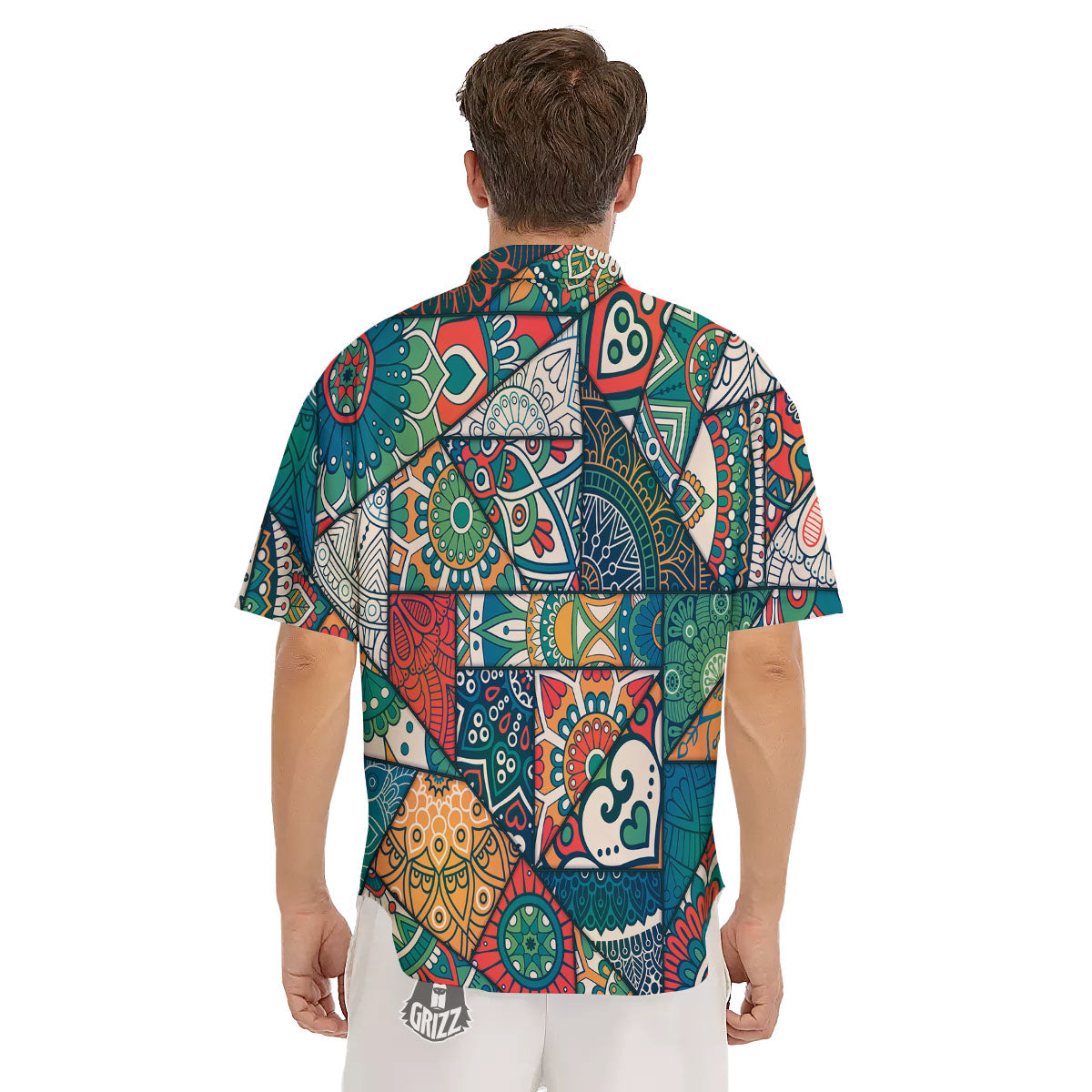 Bohemian Patchwork Mandala Print Pattern Men's Short Sleeve Shirts-grizzshop