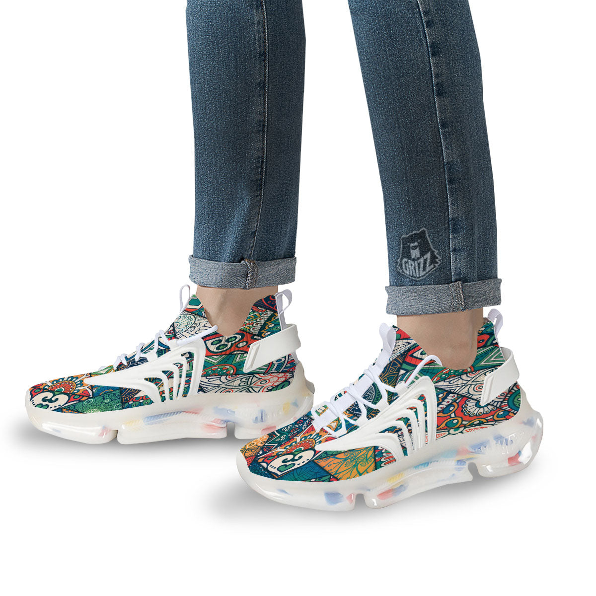Bohemian Patchwork Mandala Print Pattern White Gym Shoes-grizzshop