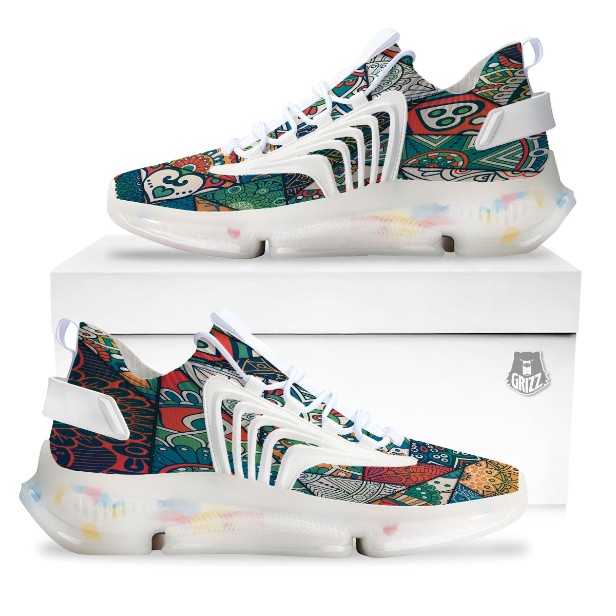Bohemian Patchwork Mandala Print Pattern White Gym Shoes-grizzshop