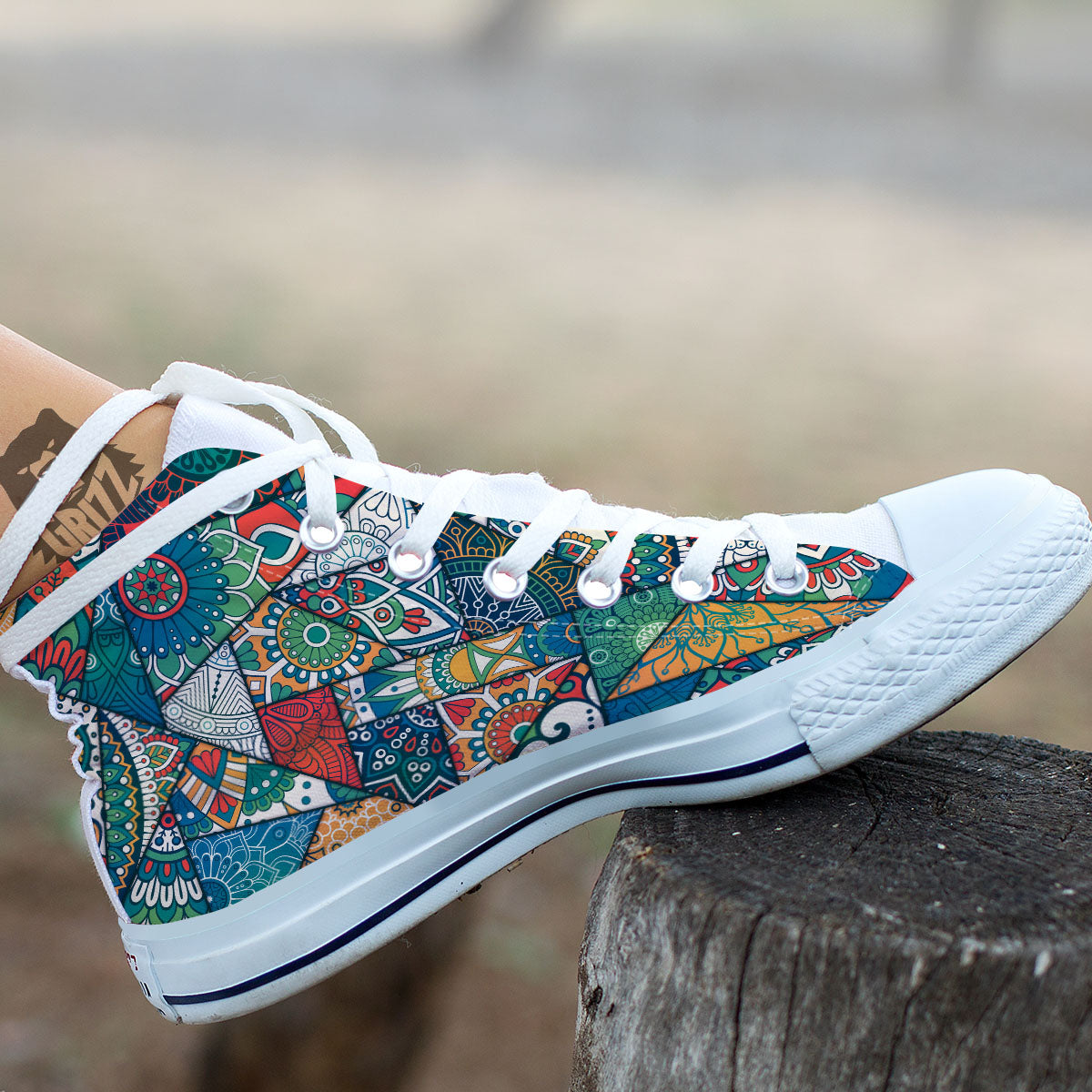 Bohemian Patchwork Mandala Print Pattern White High Top Shoes-grizzshop
