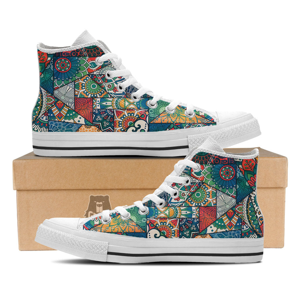 Bohemian Patchwork Mandala Print Pattern White High Top Shoes-grizzshop