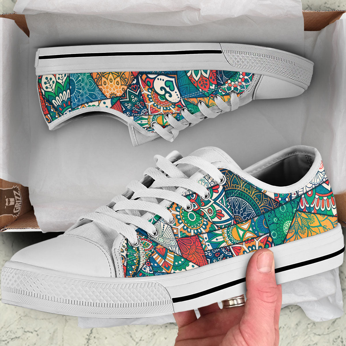 Bohemian Patchwork Mandala Print Pattern White Low Top Shoes-grizzshop