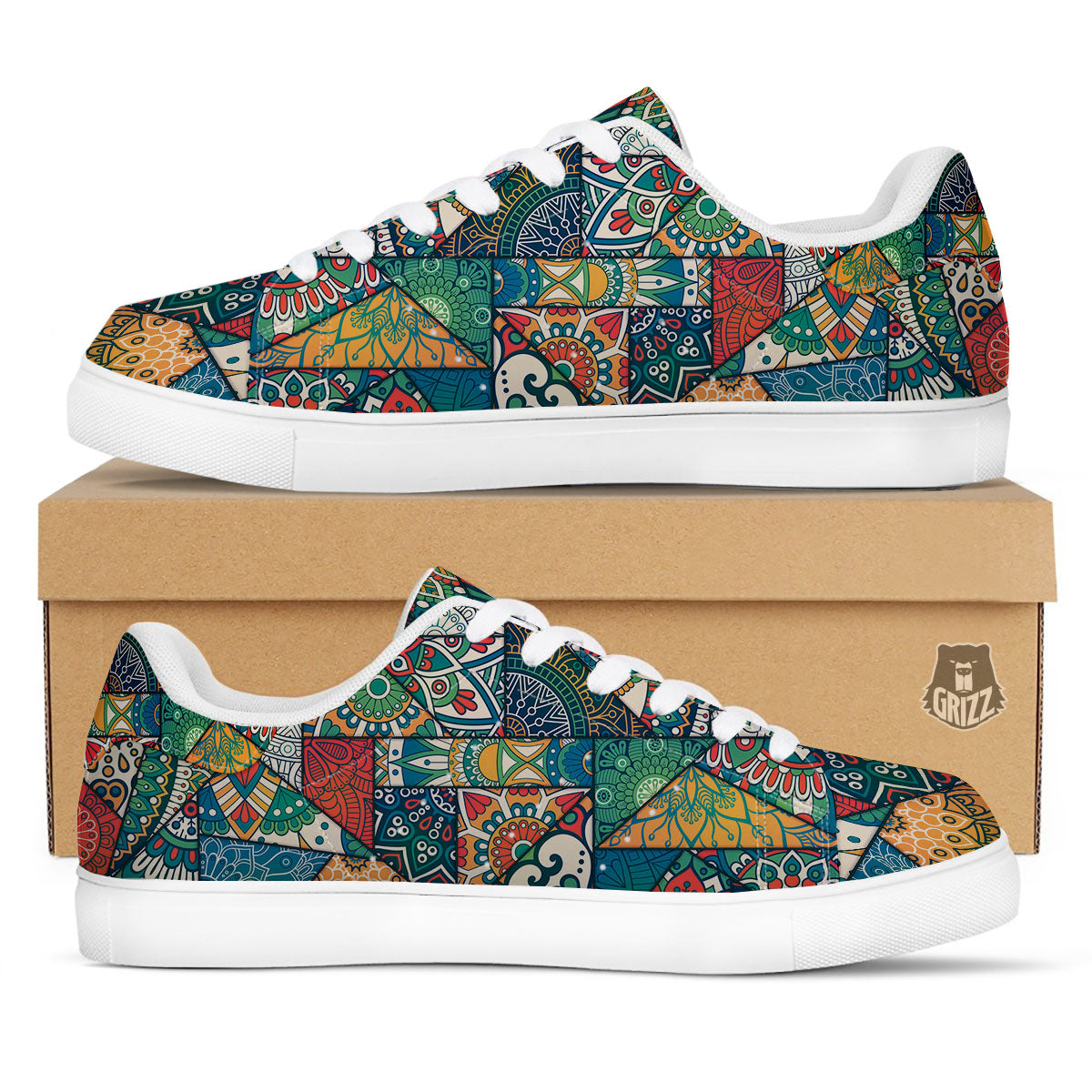 Bohemian Patchwork Mandala Print Pattern White Low Top Sneakers-grizzshop