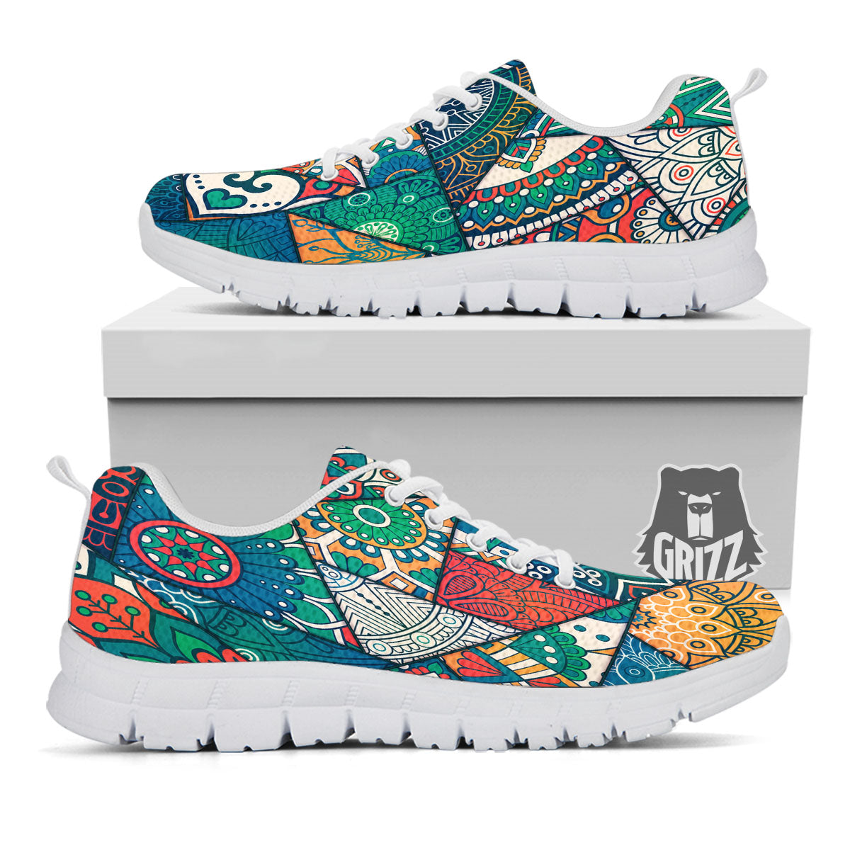 Bohemian Patchwork Mandala Print Pattern White Sneaker-grizzshop
