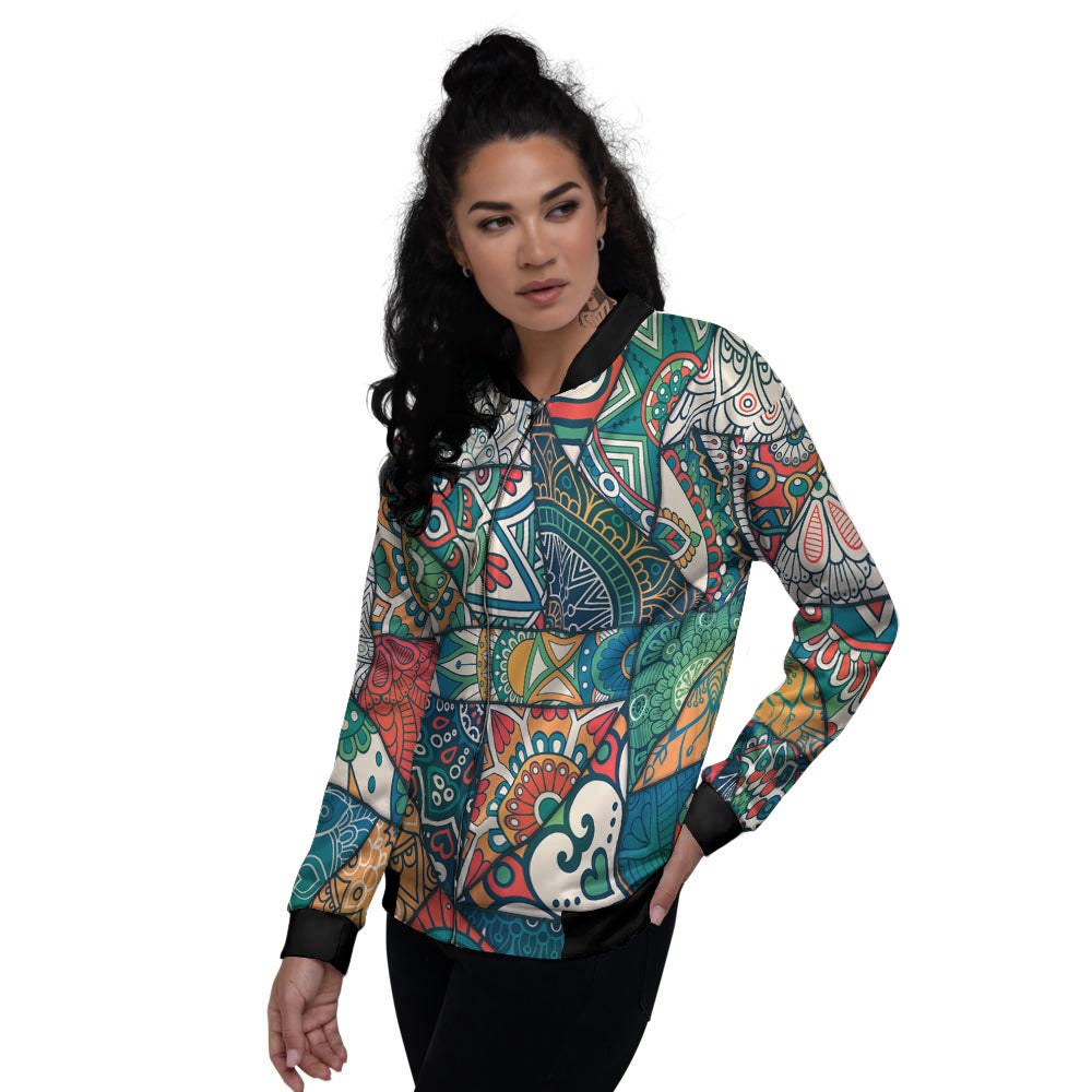 Bohemian Patchwork Mandala Print Pattern Women's Bomber Jacket-grizzshop