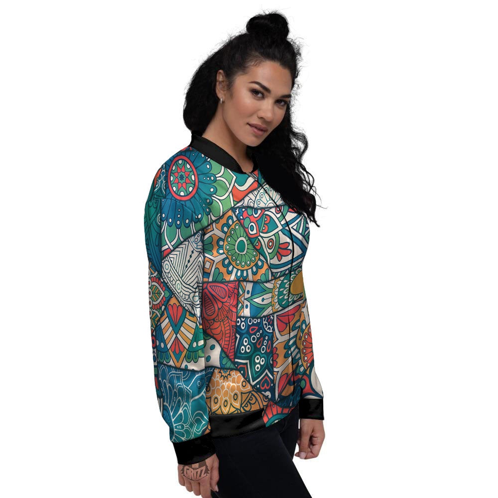 Bohemian Patchwork Mandala Print Pattern Women's Bomber Jacket-grizzshop