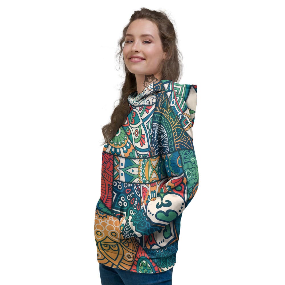 Bohemian Patchwork Mandala Print Pattern Women's Hoodie-grizzshop