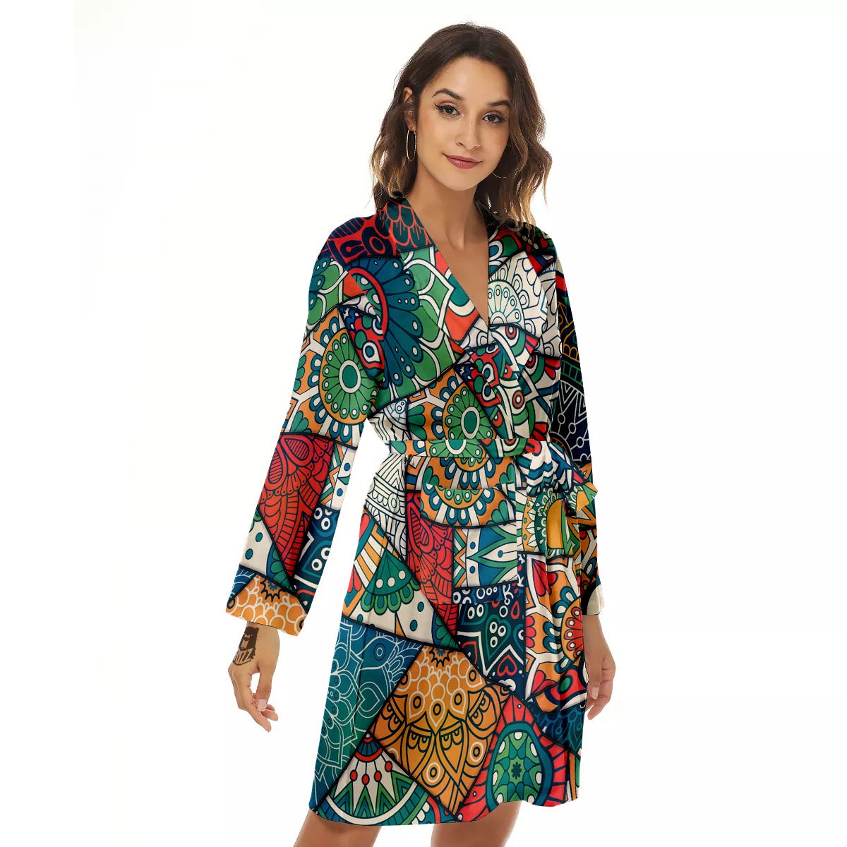 Bohemian Patchwork Mandala Print Pattern Women's Robe-grizzshop