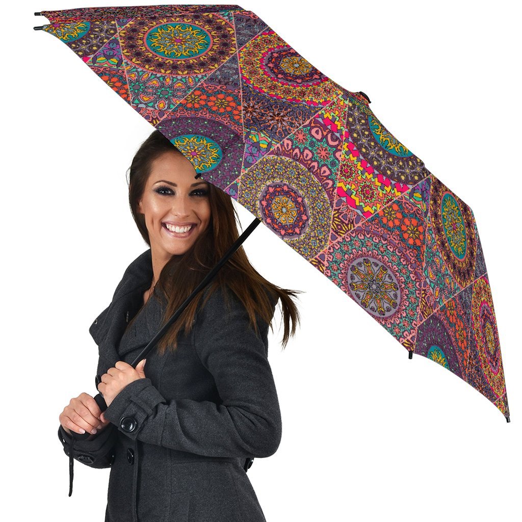 Bohemian Patchwork Pattern Print Automatic Foldable Umbrella-grizzshop