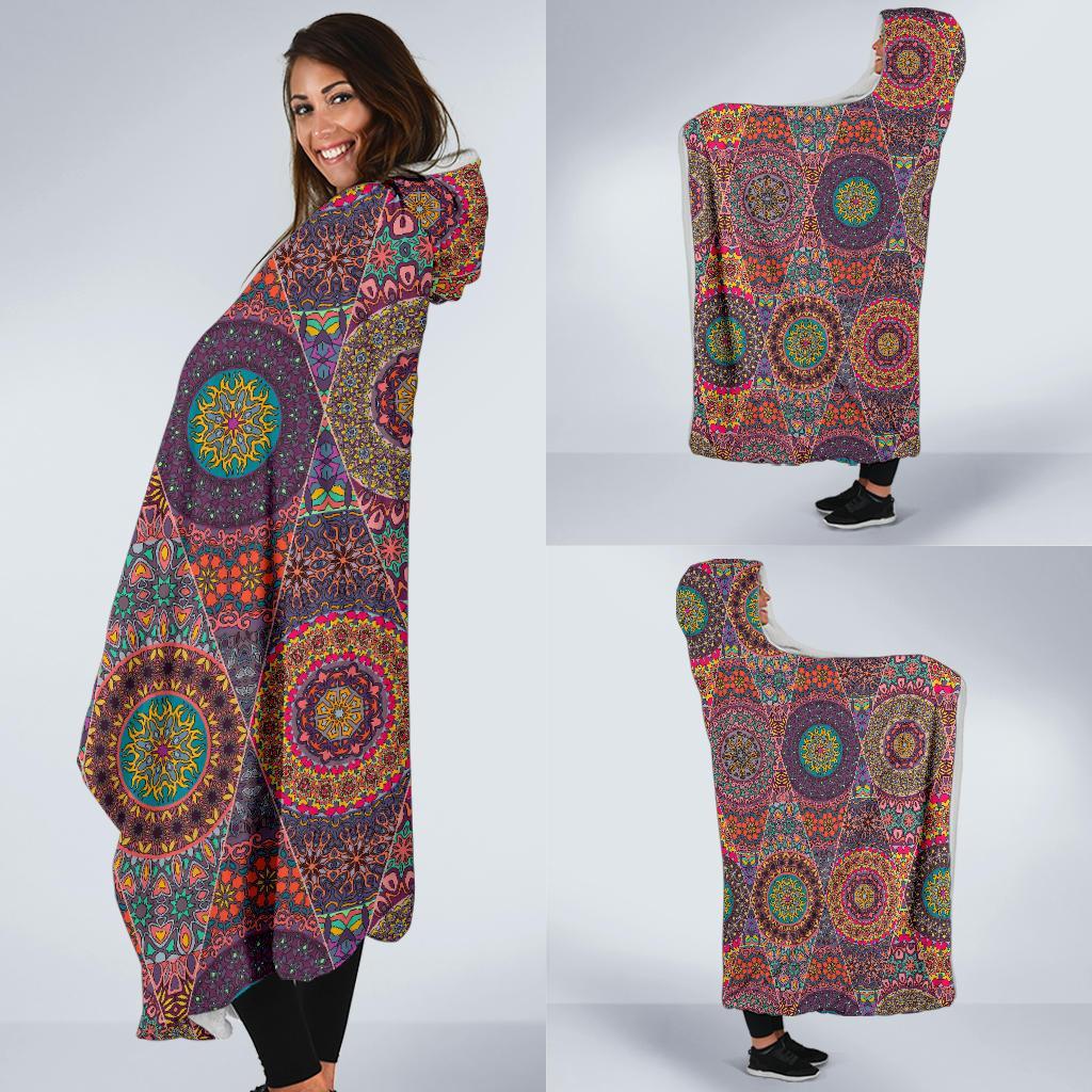 Bohemian Patchwork Pattern Print Hooded Blanket-grizzshop