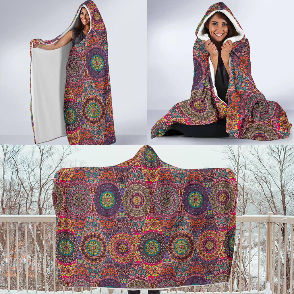 Bohemian Patchwork Pattern Print Hooded Blanket-grizzshop