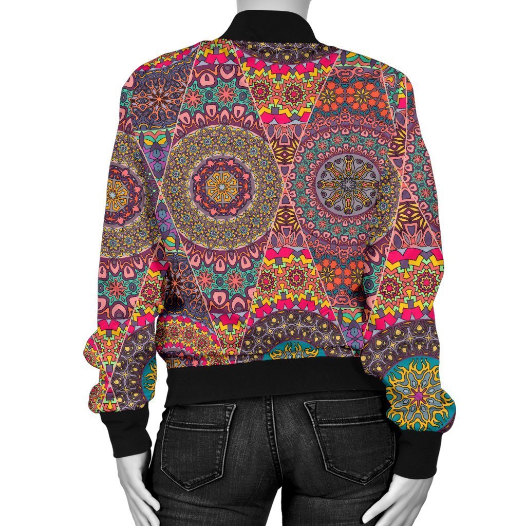 Bohemian Patchwork Pattern Print Women Casual Bomber Jacket-grizzshop