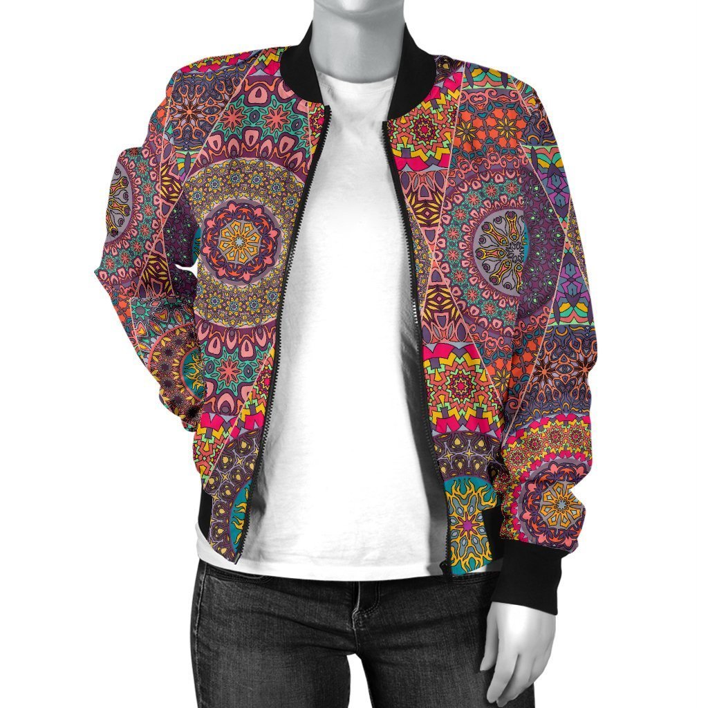 Bohemian Patchwork Pattern Print Women Casual Bomber Jacket-grizzshop
