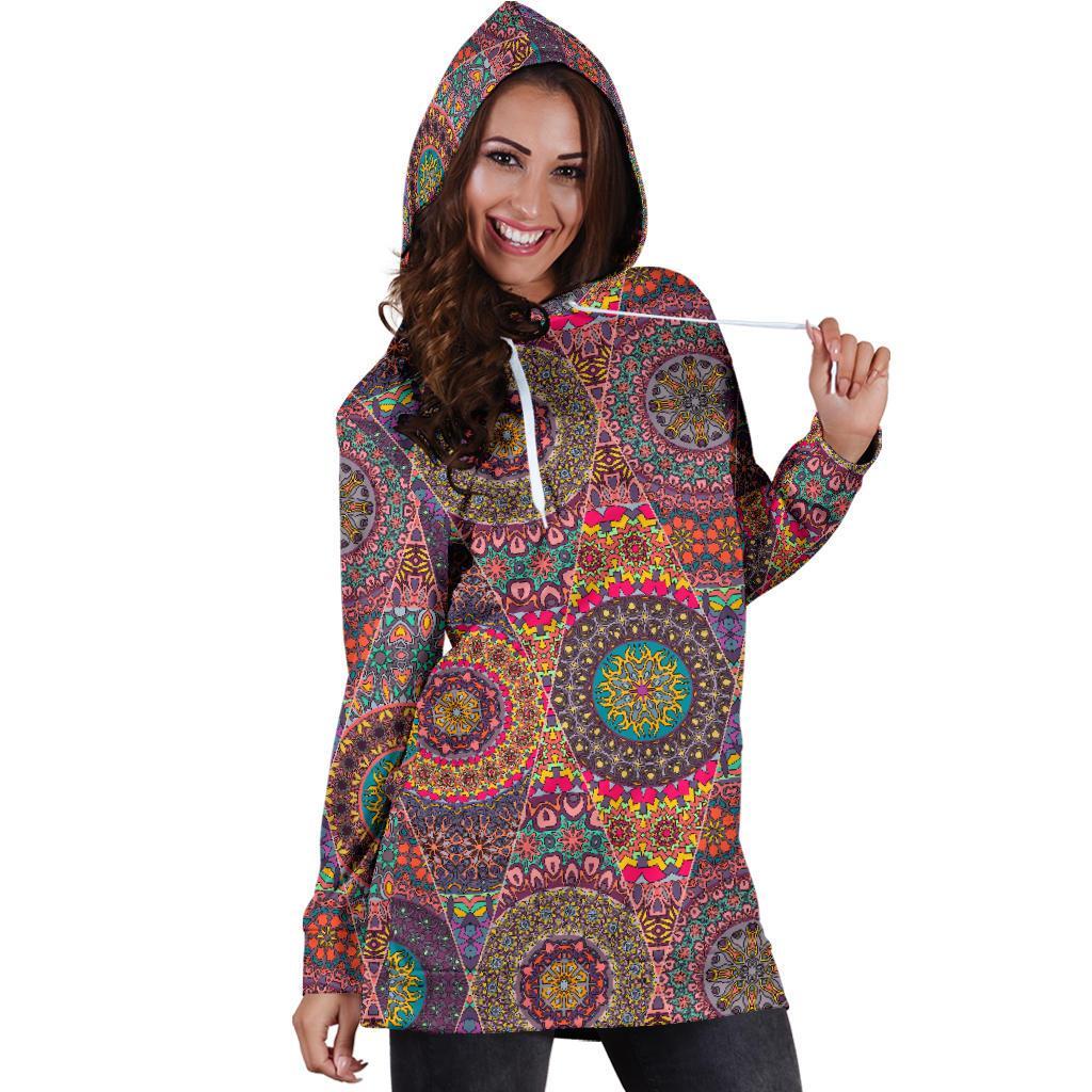 Bohemian Patchwork Pattern Print Women Hoodie Dress-grizzshop