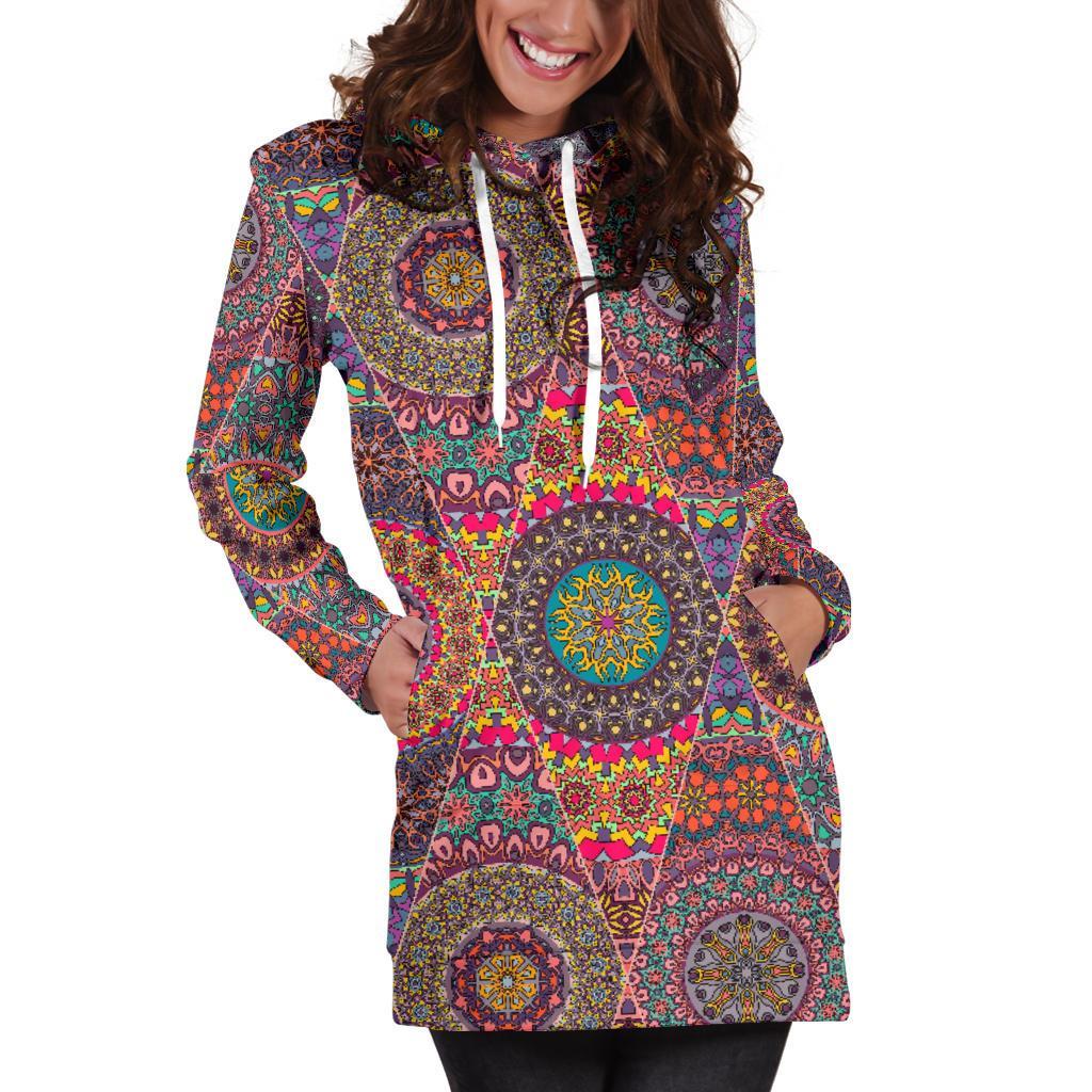 Bohemian Patchwork Pattern Print Women Hoodie Dress-grizzshop