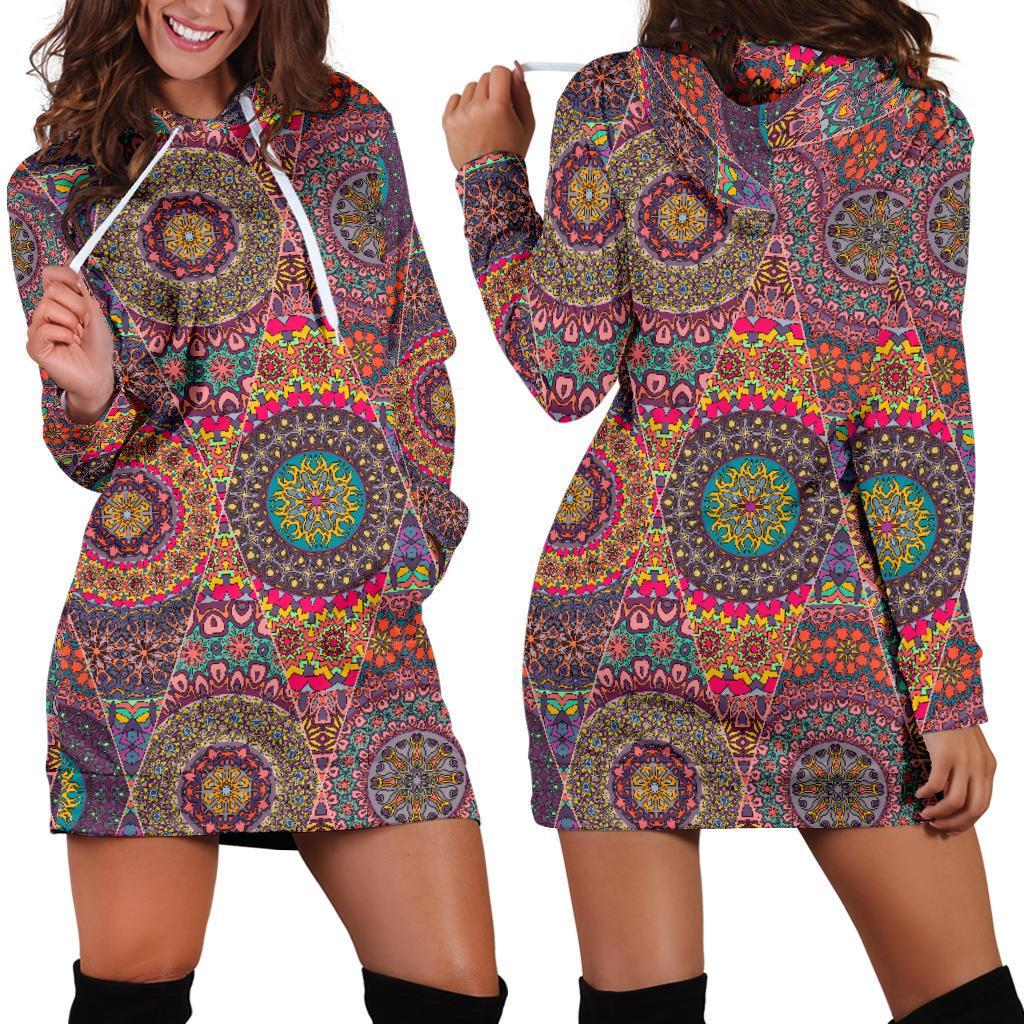 Bohemian Patchwork Pattern Print Women Hoodie Dress-grizzshop